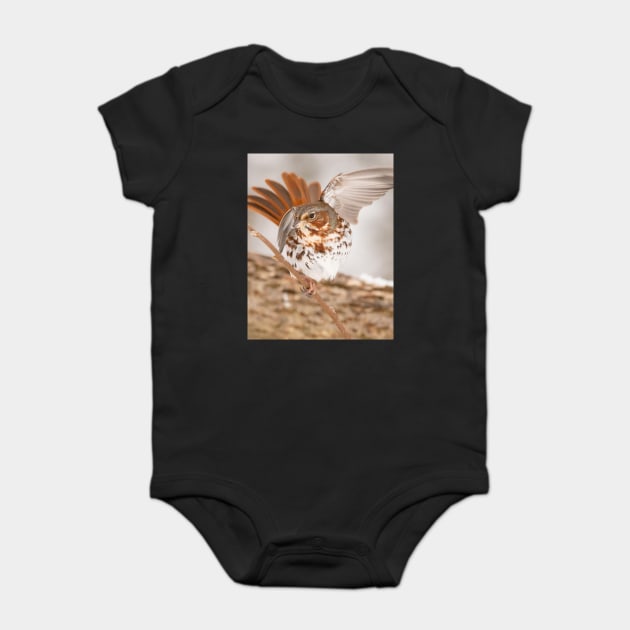 Fox Sparrow with tail feathers fanned out Baby Bodysuit by BirdsnStuff